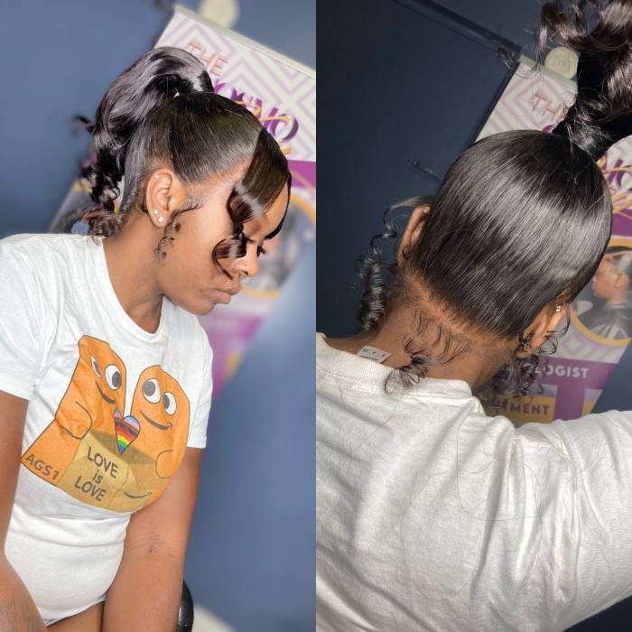 Double frontal ponytail, front and back frontals sleeked into one pony