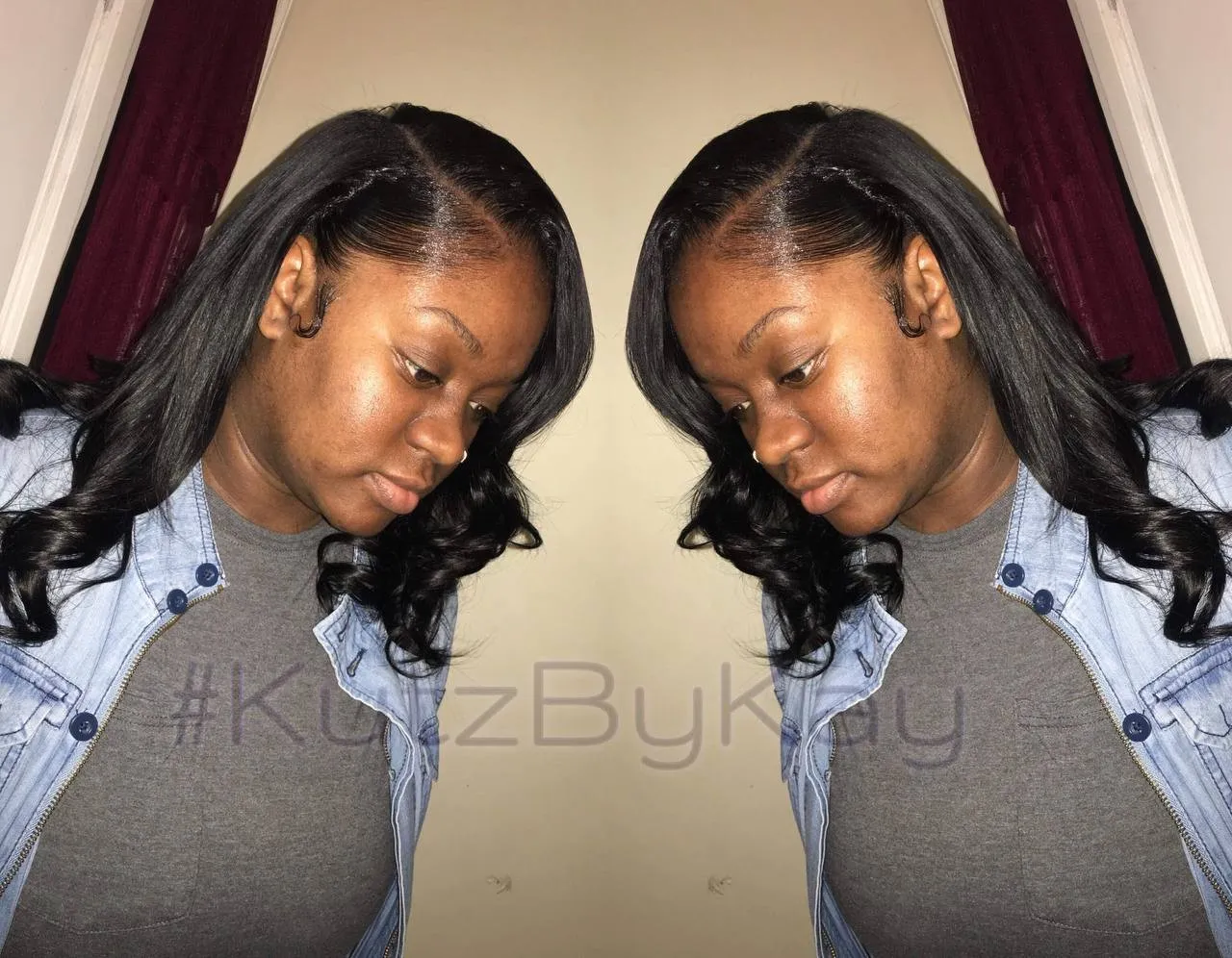 Traditional sew-in with leave-out and swoop curls, shown front and side